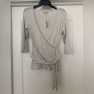 Express One Eleven Faux Wrap Top Women’s Medium Ribbed Deep V Neck Tie Back Gray